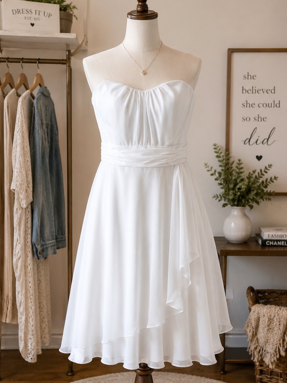 Strapless White A-Line Chiffon Dress